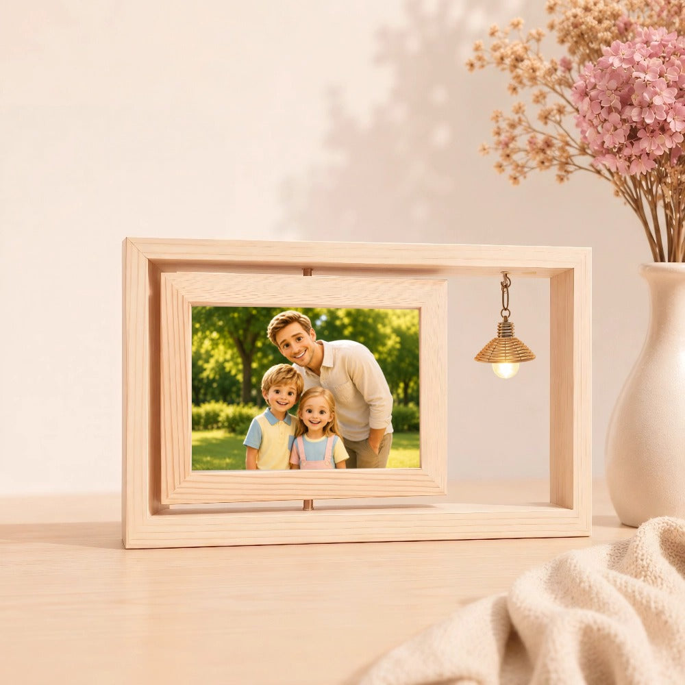 Personalized Rotating Solid Wood Photo Frame with LED Lights, Double-Sided Display for Two 6-Inch Photos