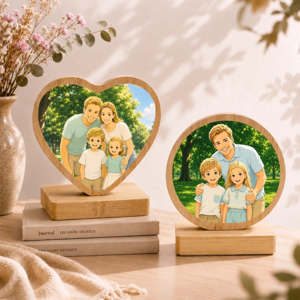 Personalized Aluminum Photo Print on Bamboo Wood Plaque, with Rotating Magnetic Stand