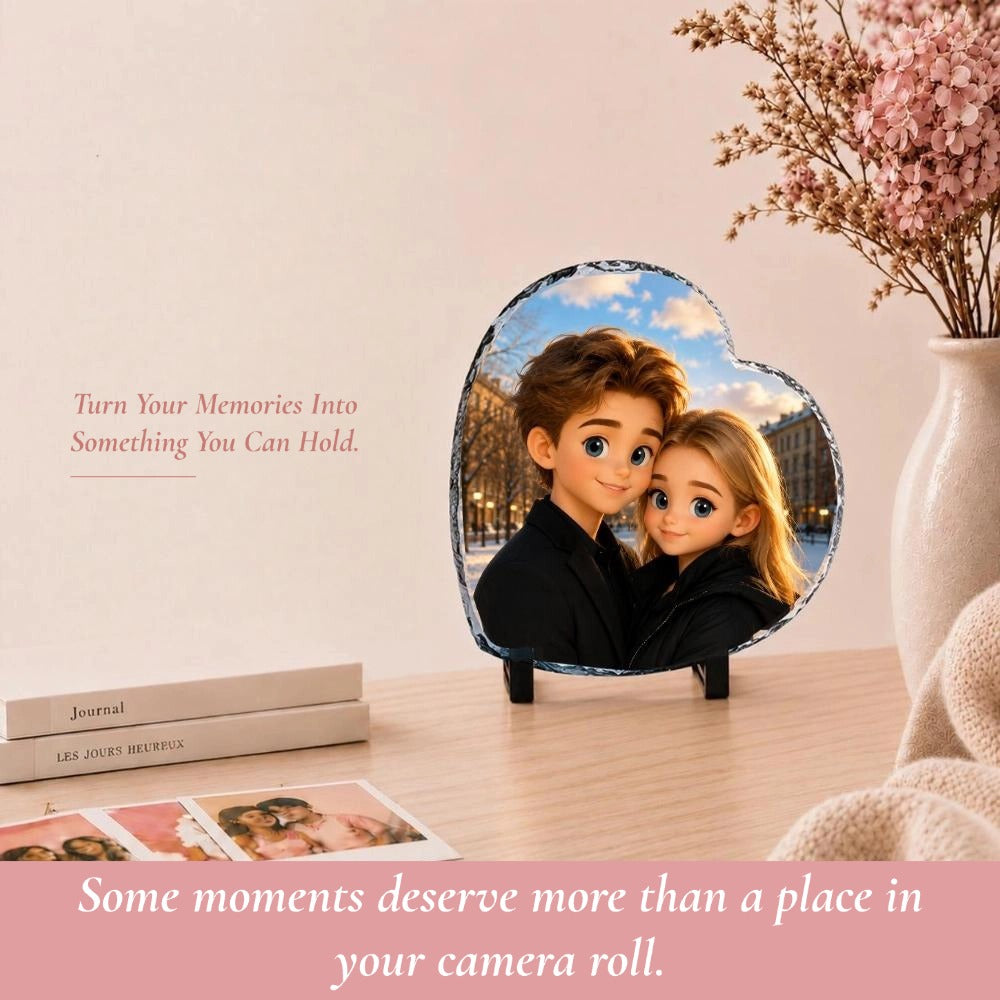 Personalized Heart-Shaped Photo Slate Plaque with Display Stand
