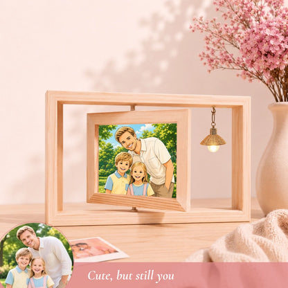 Personalized Rotating Solid Wood Photo Frame with LED Lights, Double-Sided Display for Two 6-Inch Photos