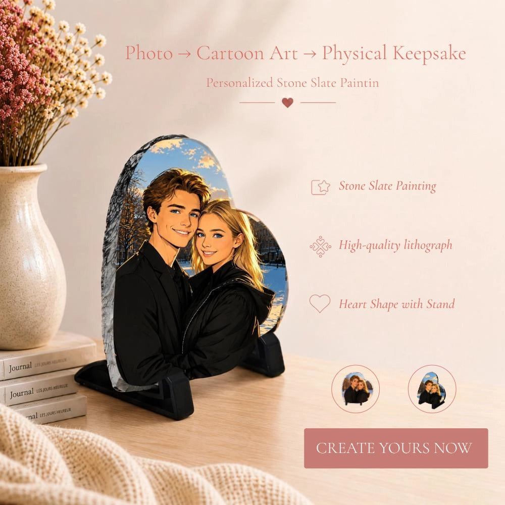 Personalized Heart-Shaped Photo Slate Plaque with Display Stand