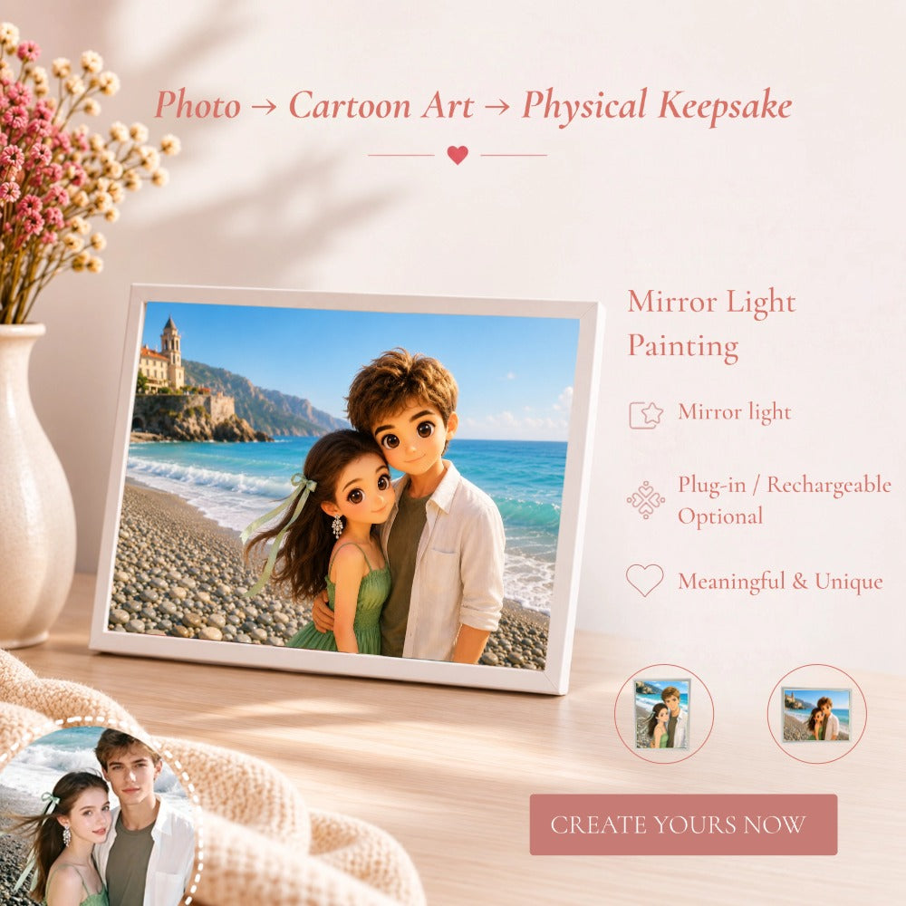 Personalized LED Mirror Photo Frame – Mirror When Off, Illuminated Picture When On, Rechargeable or Plug-In