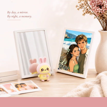 Personalized LED Mirror Photo Frame – Mirror When Off, Illuminated Picture When On, Rechargeable or Plug-In