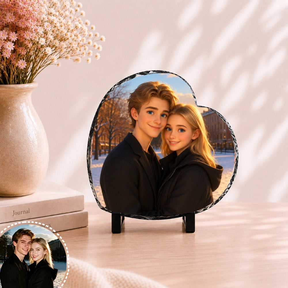 Personalized Heart-Shaped Photo Slate Plaque with Display Stand