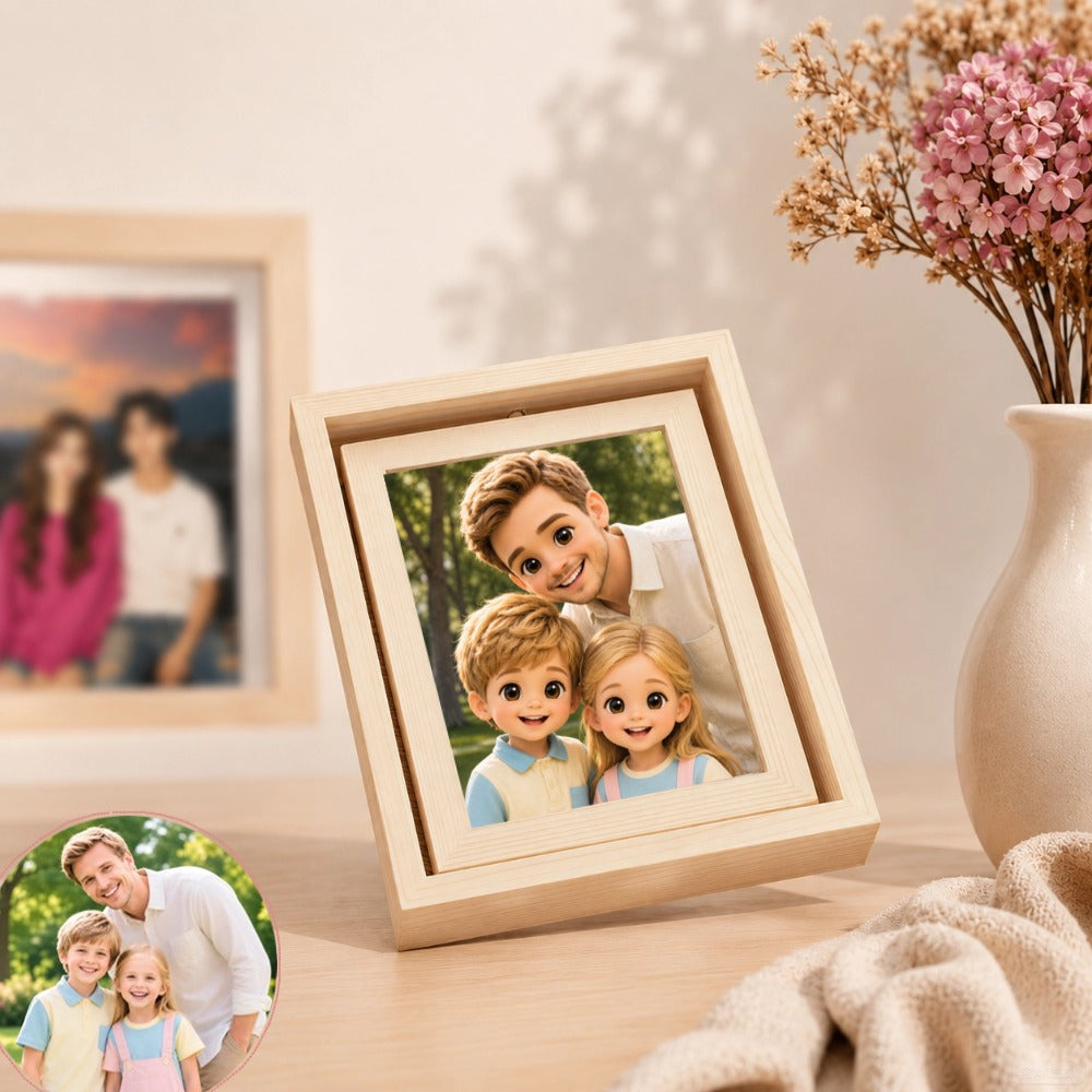 Personalized Rotating Solid Wood Photo Frame with LED Lights, Double-Sided Display for Two 6-Inch Photos