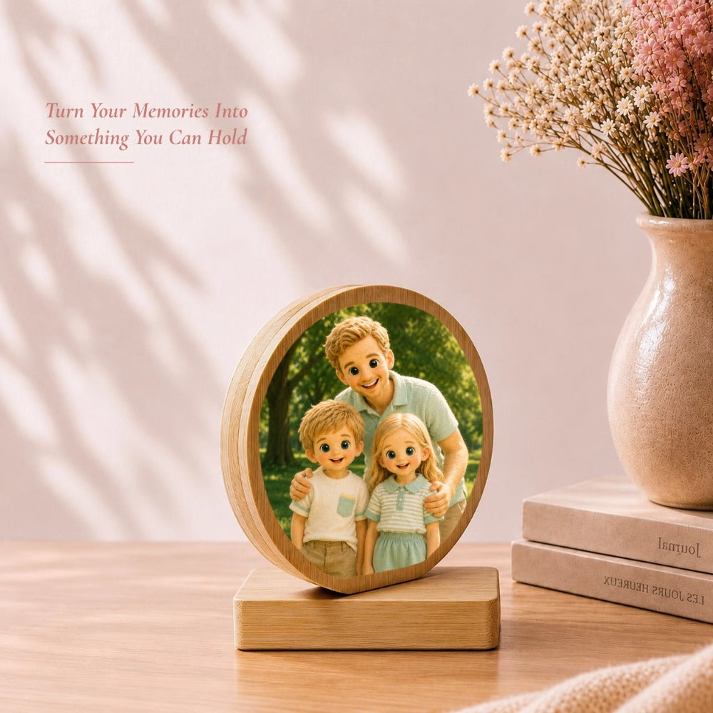 Personalized Aluminum Photo Print on Bamboo Wood Plaque, with Rotating Magnetic Stand